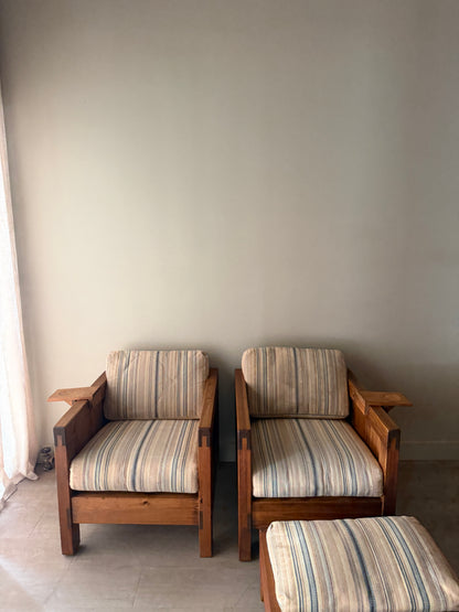 Brutalist pine lounge chairs with ottoman. Sold individually.