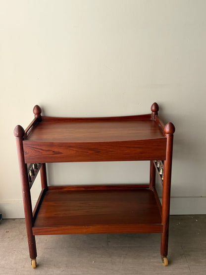 Danish rosewood bar cart with brass bells