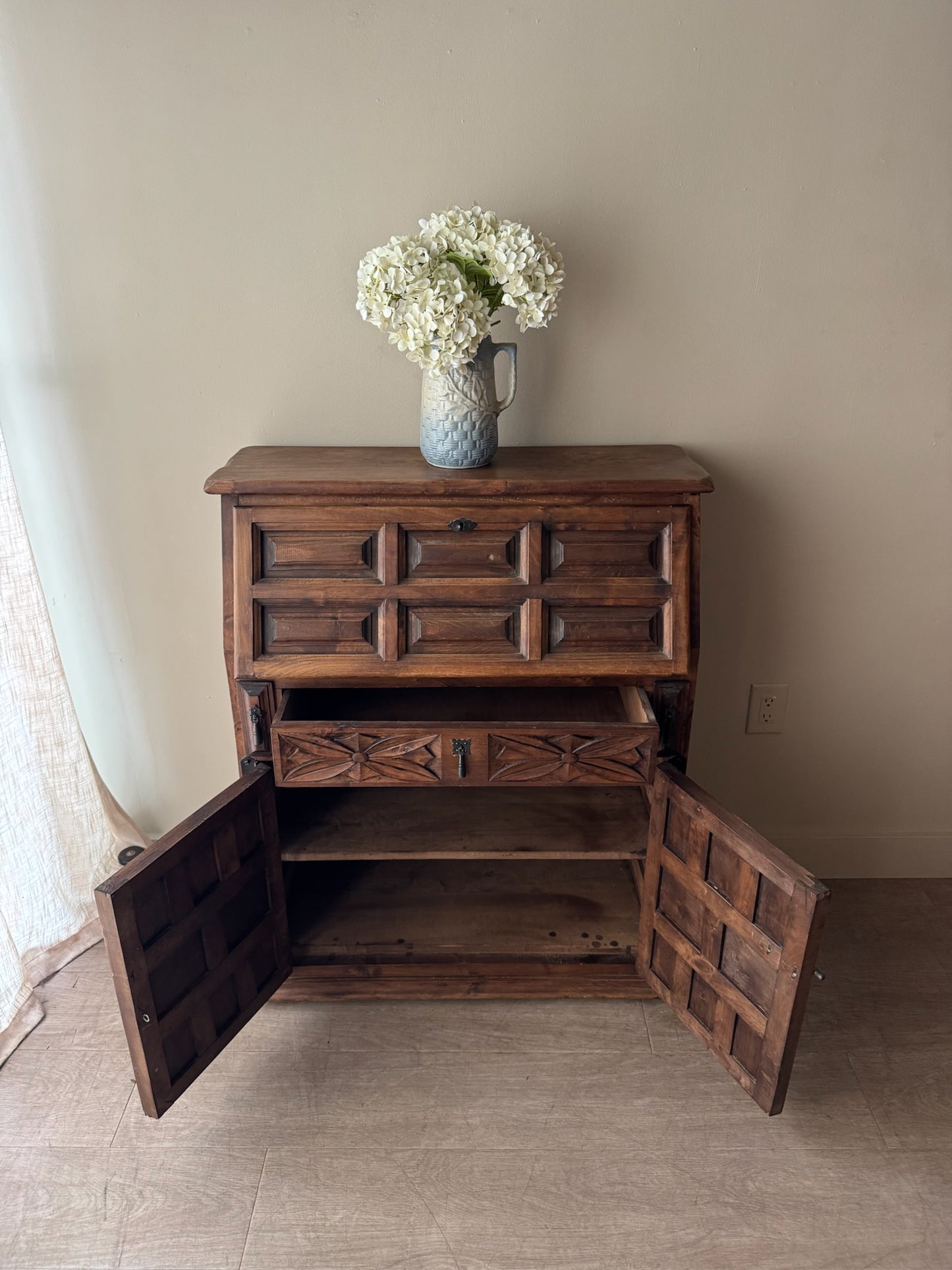 Spanish carved pine secretary cabinet