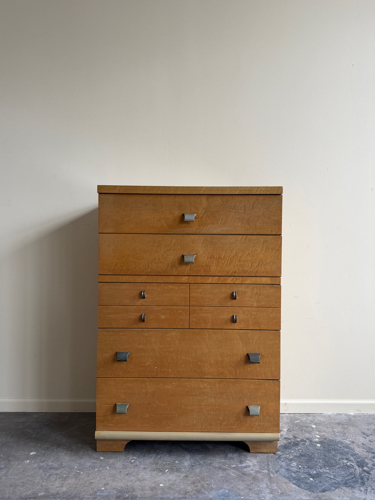 United birdseye maple tallboy dresser