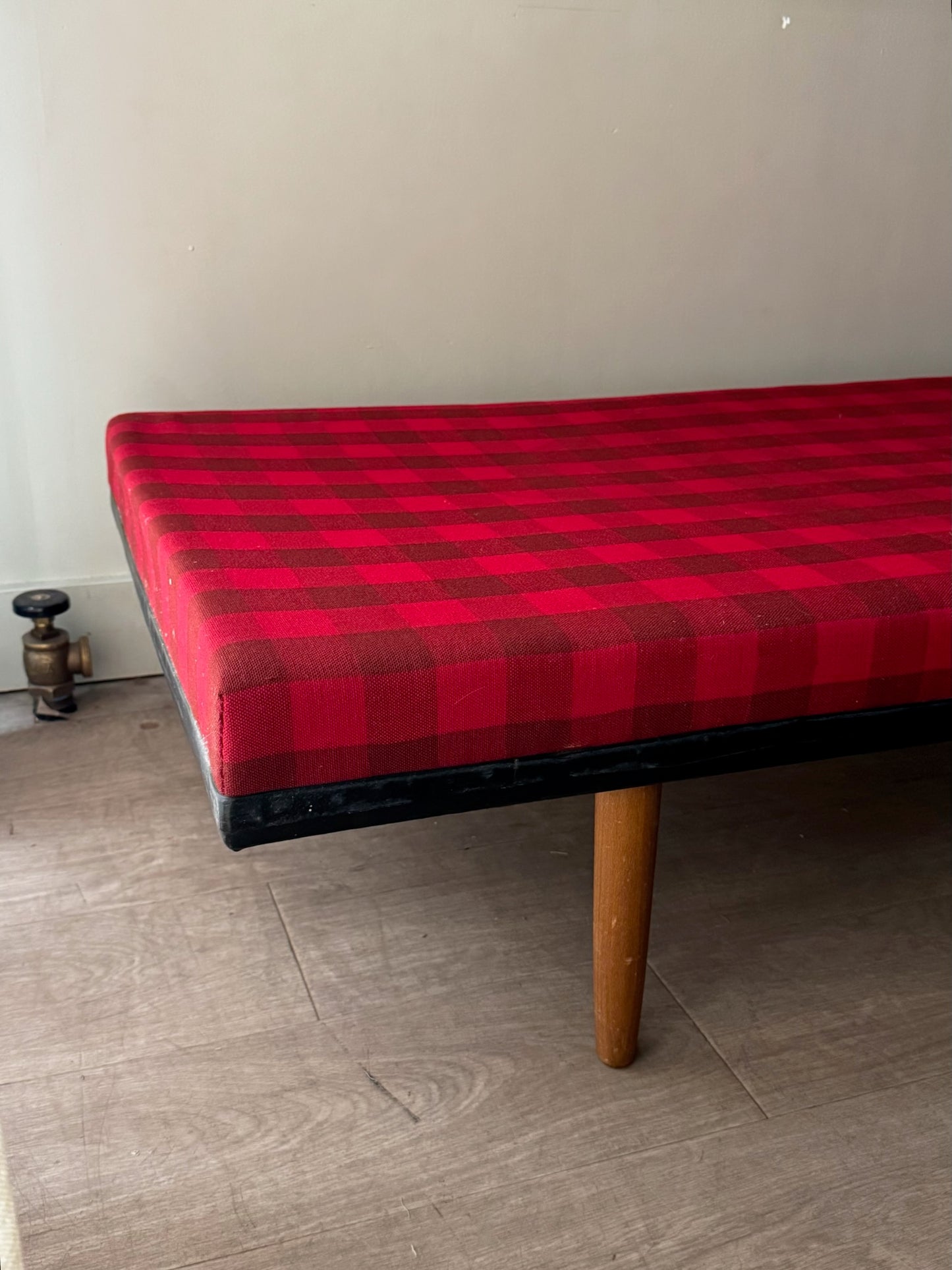 Danish plaid upholstered beech daybed