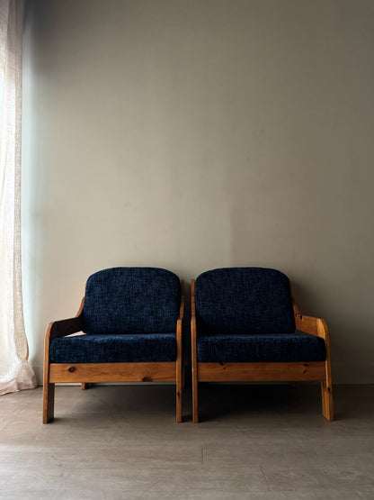 Scandinavian blue upholstered pine lounge chairs. Sold individually.