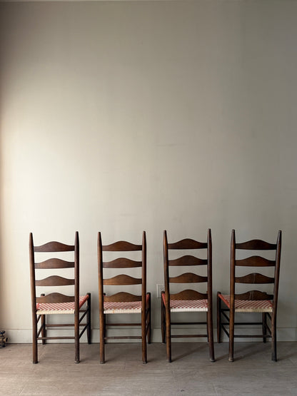 Pine ladder back chairs with woven checked seats. Sold as a set of 4.
