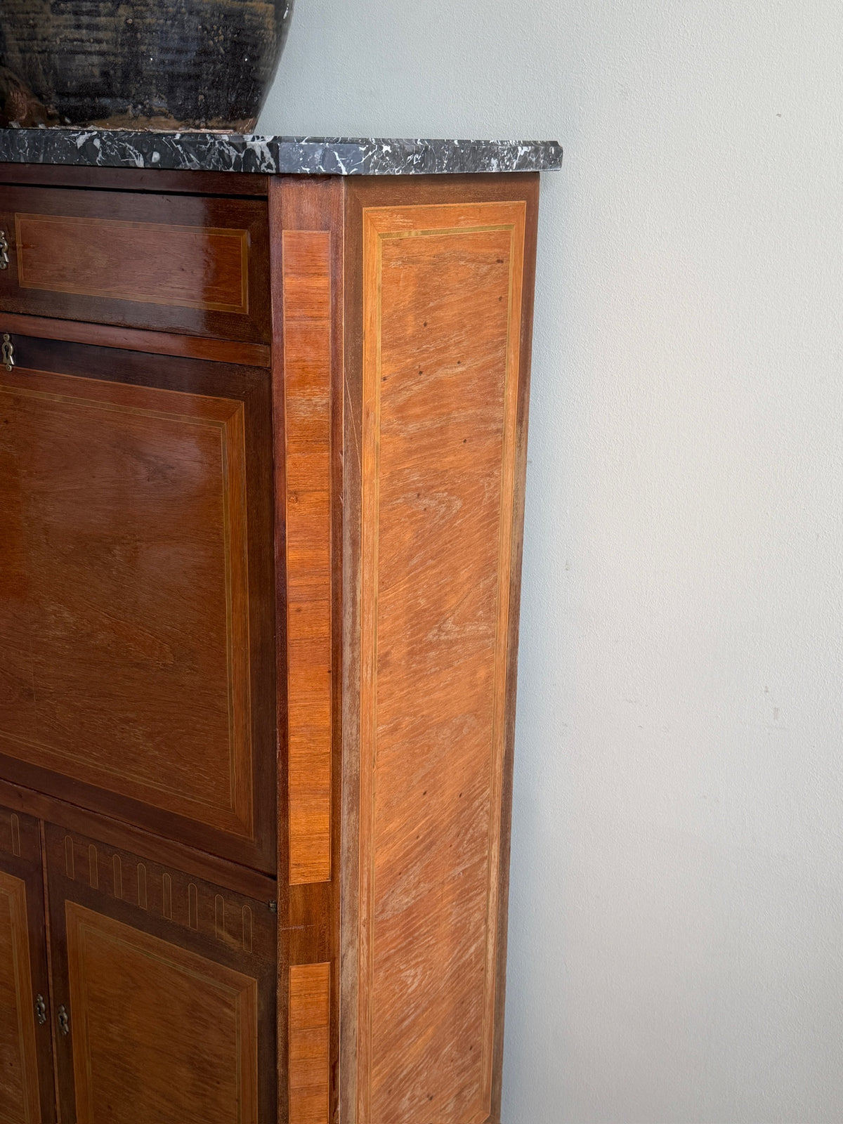 Walnut & mahogany marble top secretary cabinet