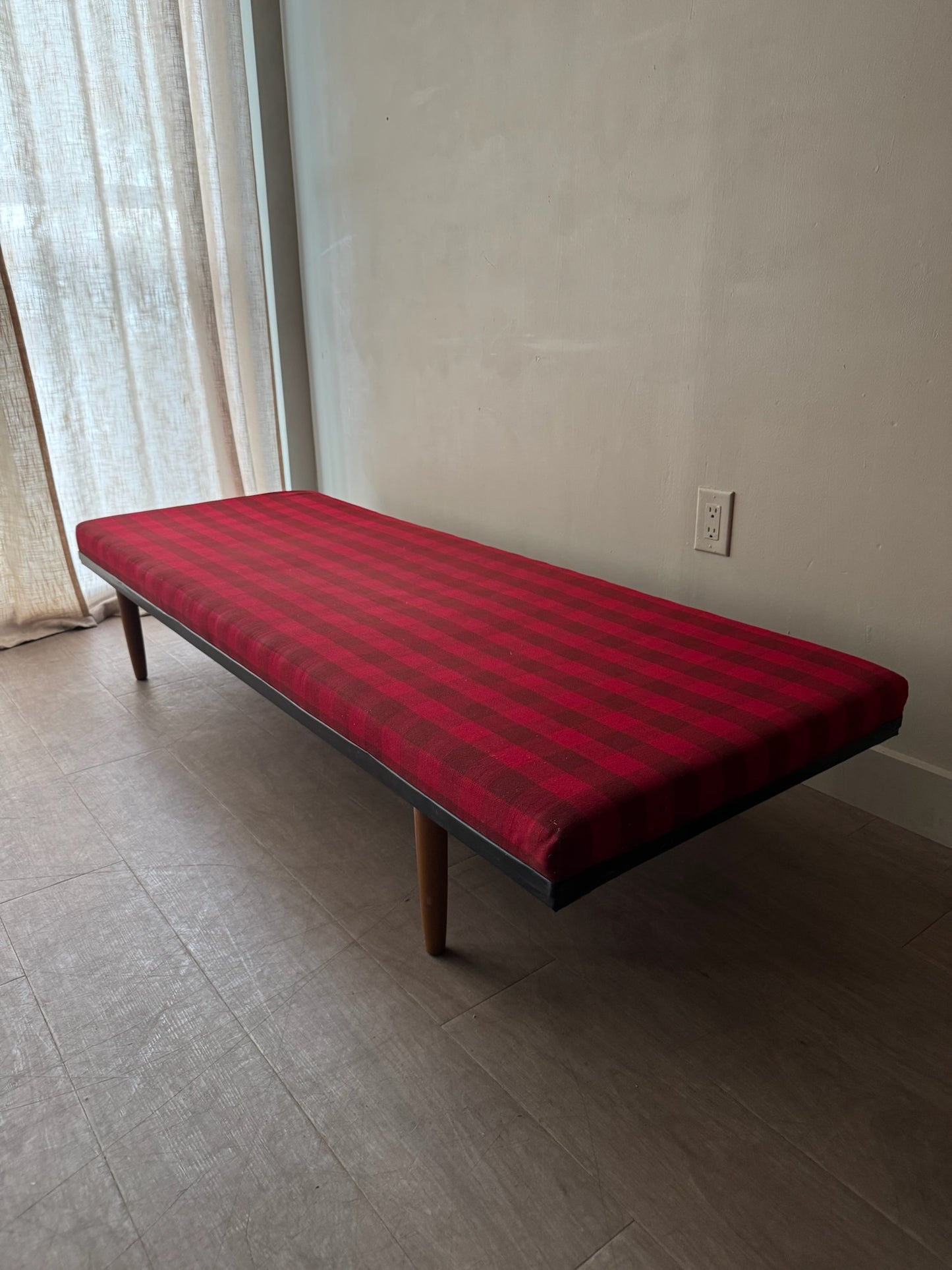 Danish plaid upholstered beech daybed