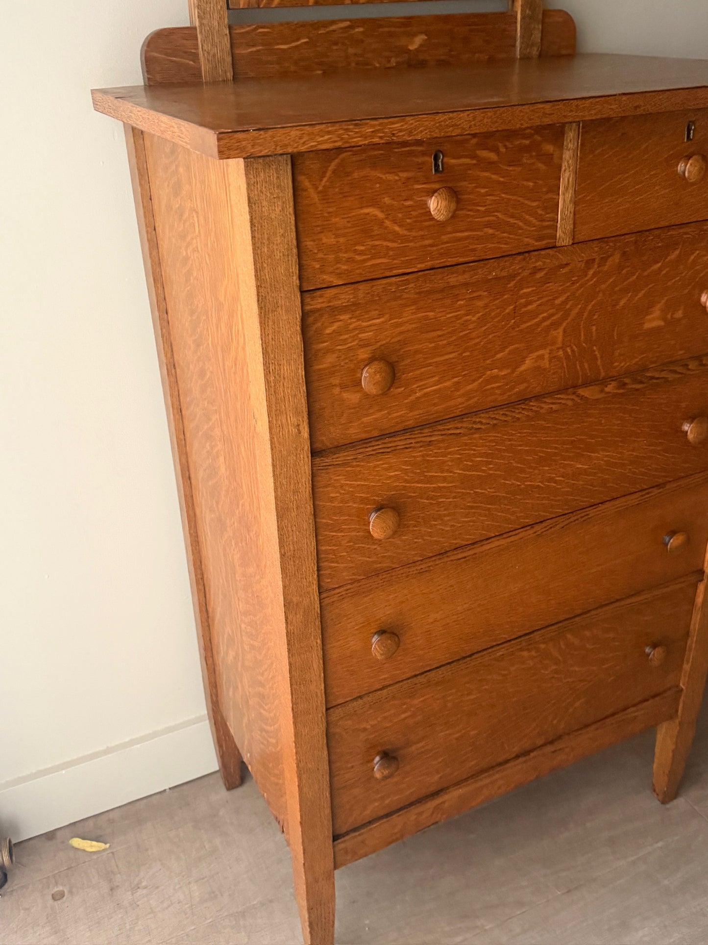 Golden oak tallboy with mirror
