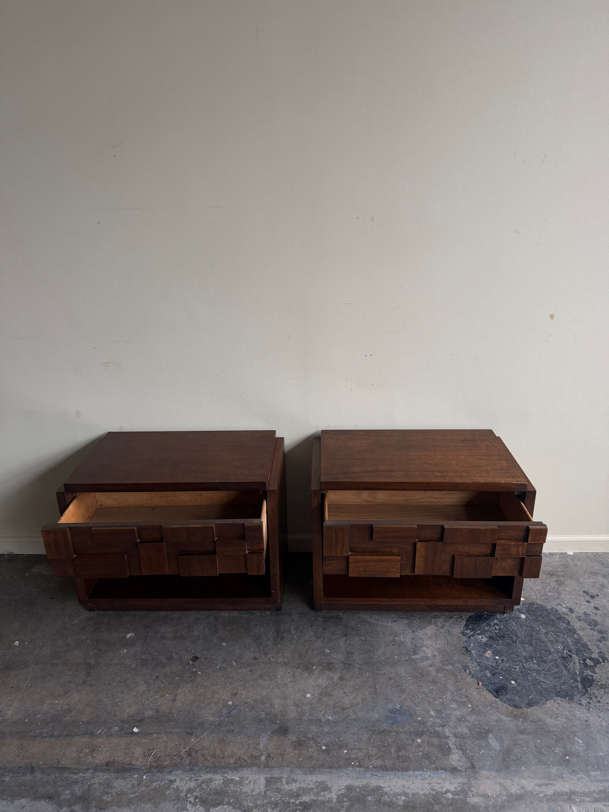 Lane Brutalist walnut nightstands. Sold as a pair.