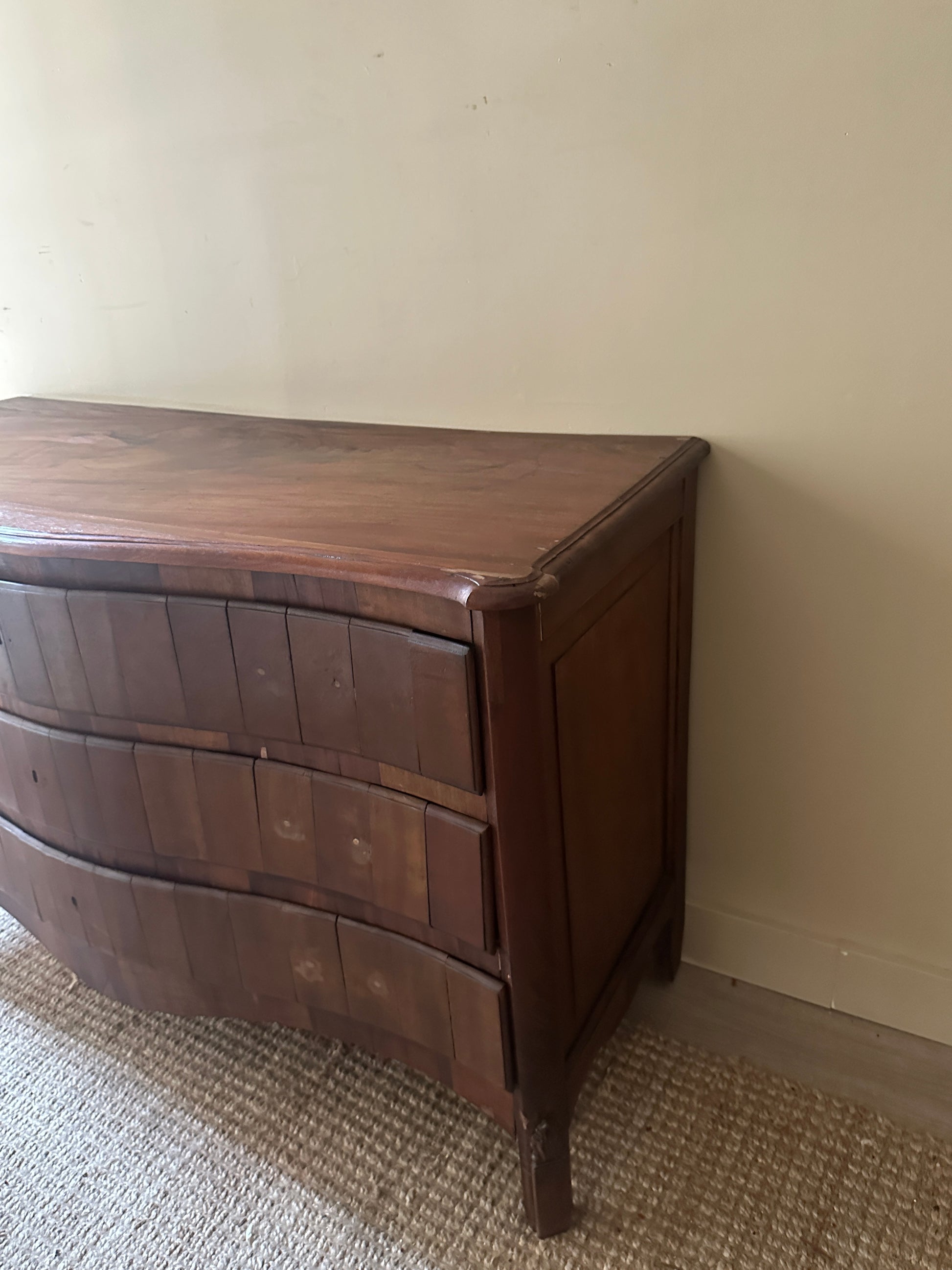 Wavy walnut dresser. Needs handles. Good Behavior Wavy walnut dresser. Needs handles. Good Behavior