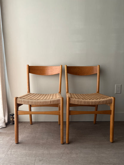 Swedish teak twisted rope seat dining chairs. Sold as a pair.