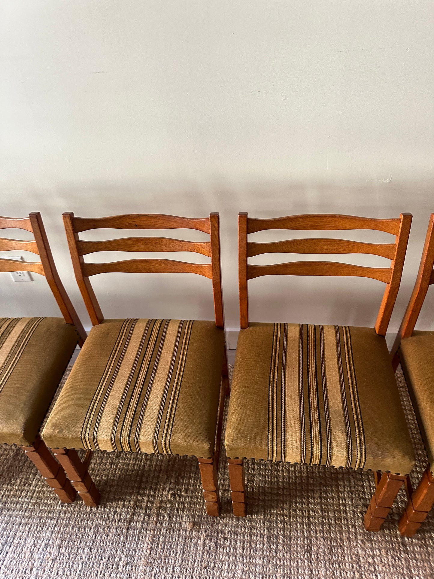 White oak and wool dining chairs. Sold in pairs.