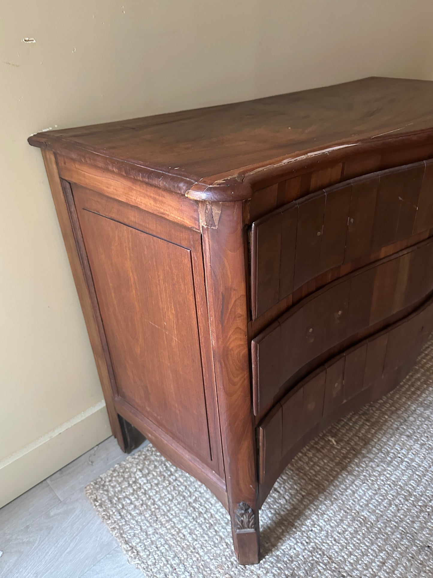 Wavy walnut dresser. Needs handles.