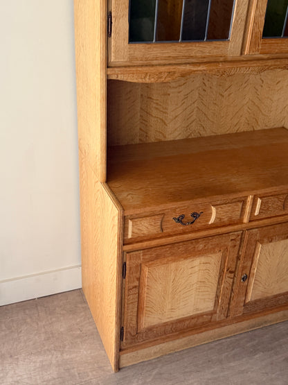 Danish oak & stained glass two piece hutch