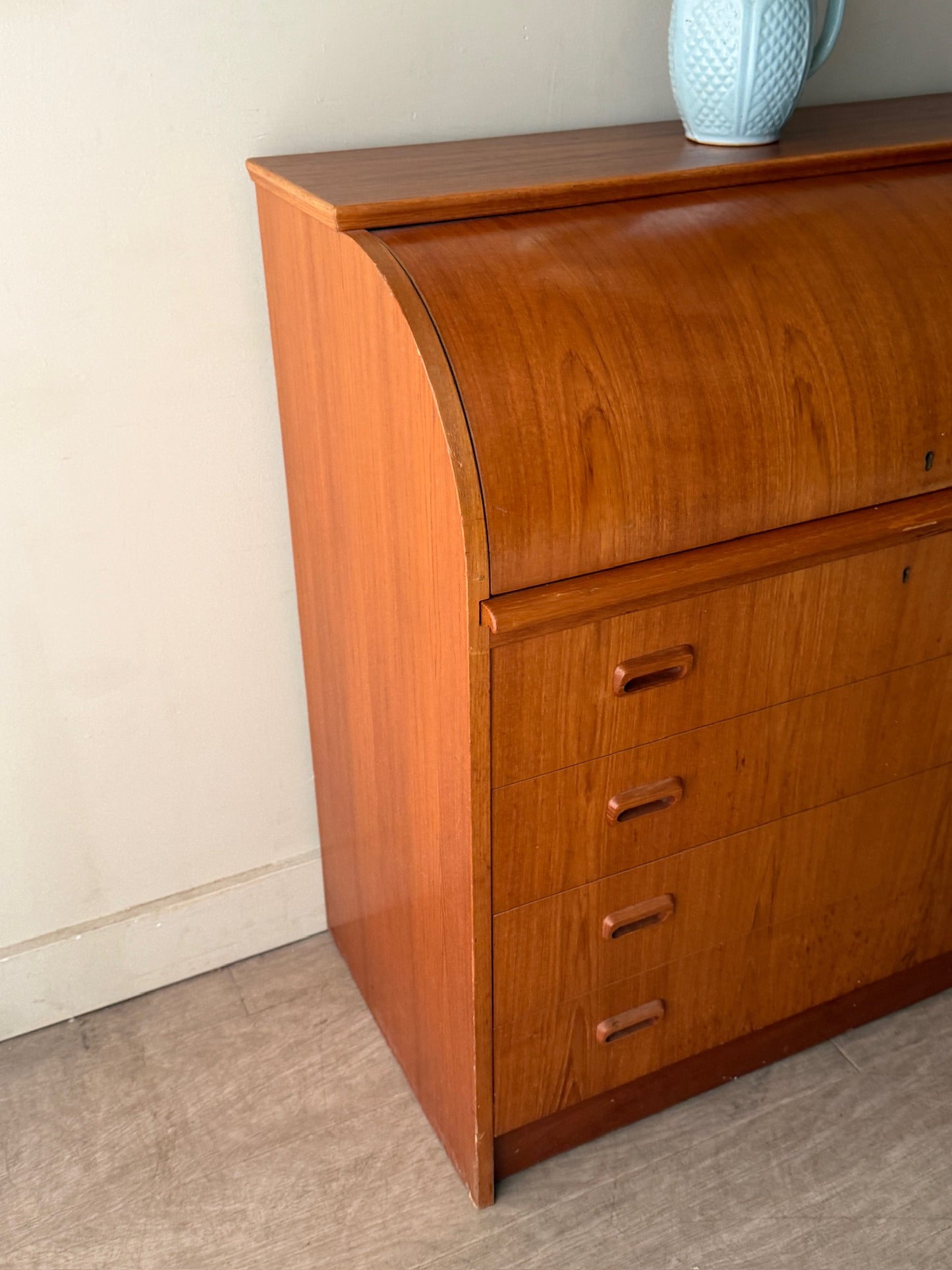 Scandinavian teak roll top secretary dresser