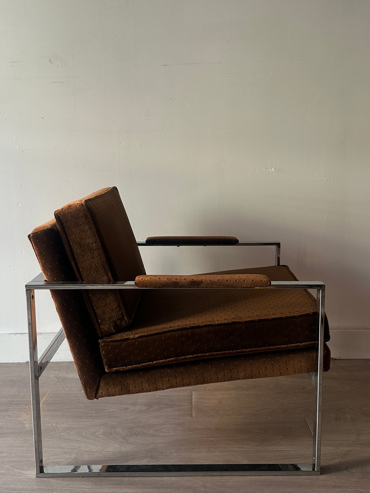 Chrome and brown velvet lounge chair