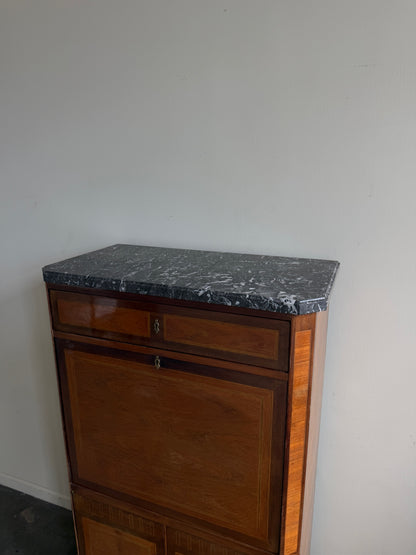 Walnut & mahogany marble top secretary cabinet