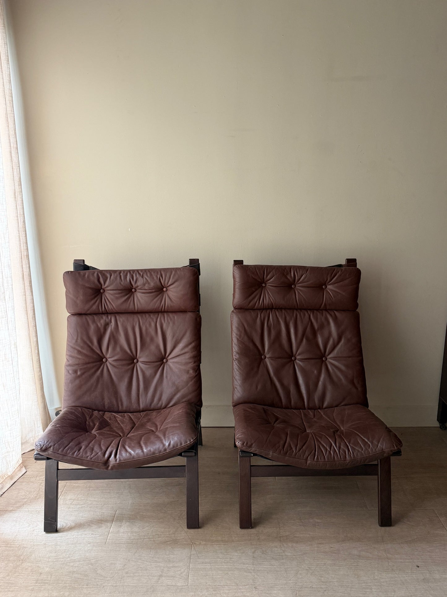 Farstrup Danish beech and leather lounge chairs. Sold individually.