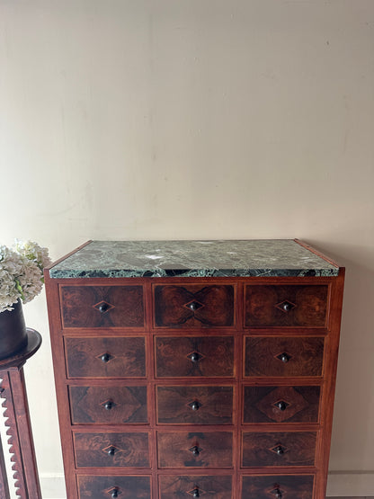 Vereinigte Werkstatten walnut and marble apothecary drawers