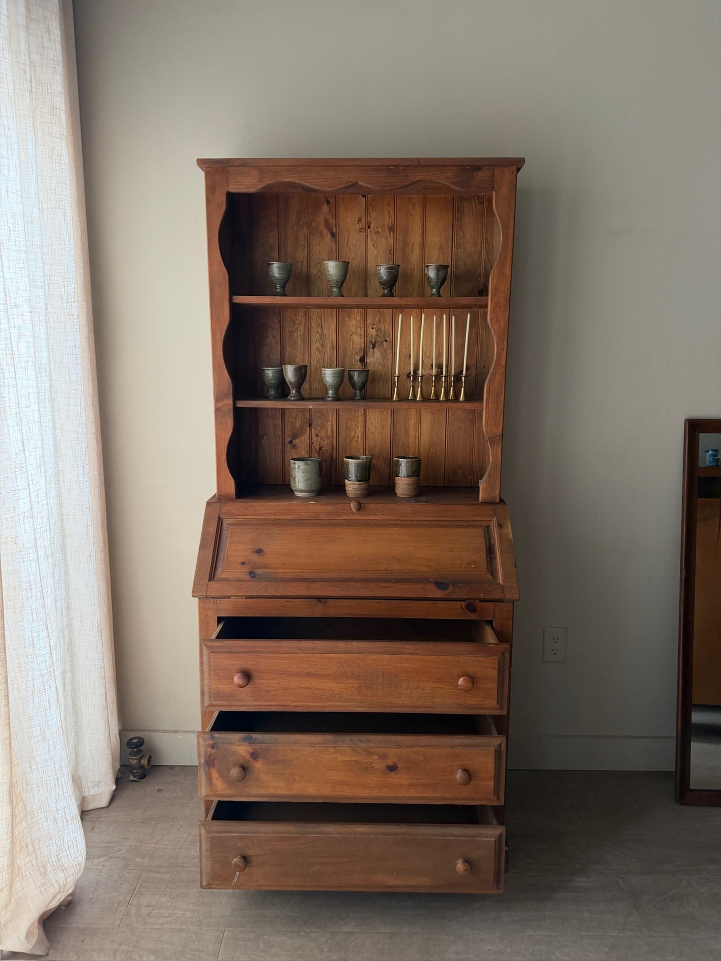 Pine two piece secretary hutch