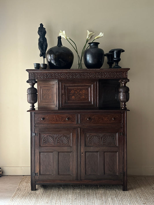 Tudor revival oak inlay cabinet