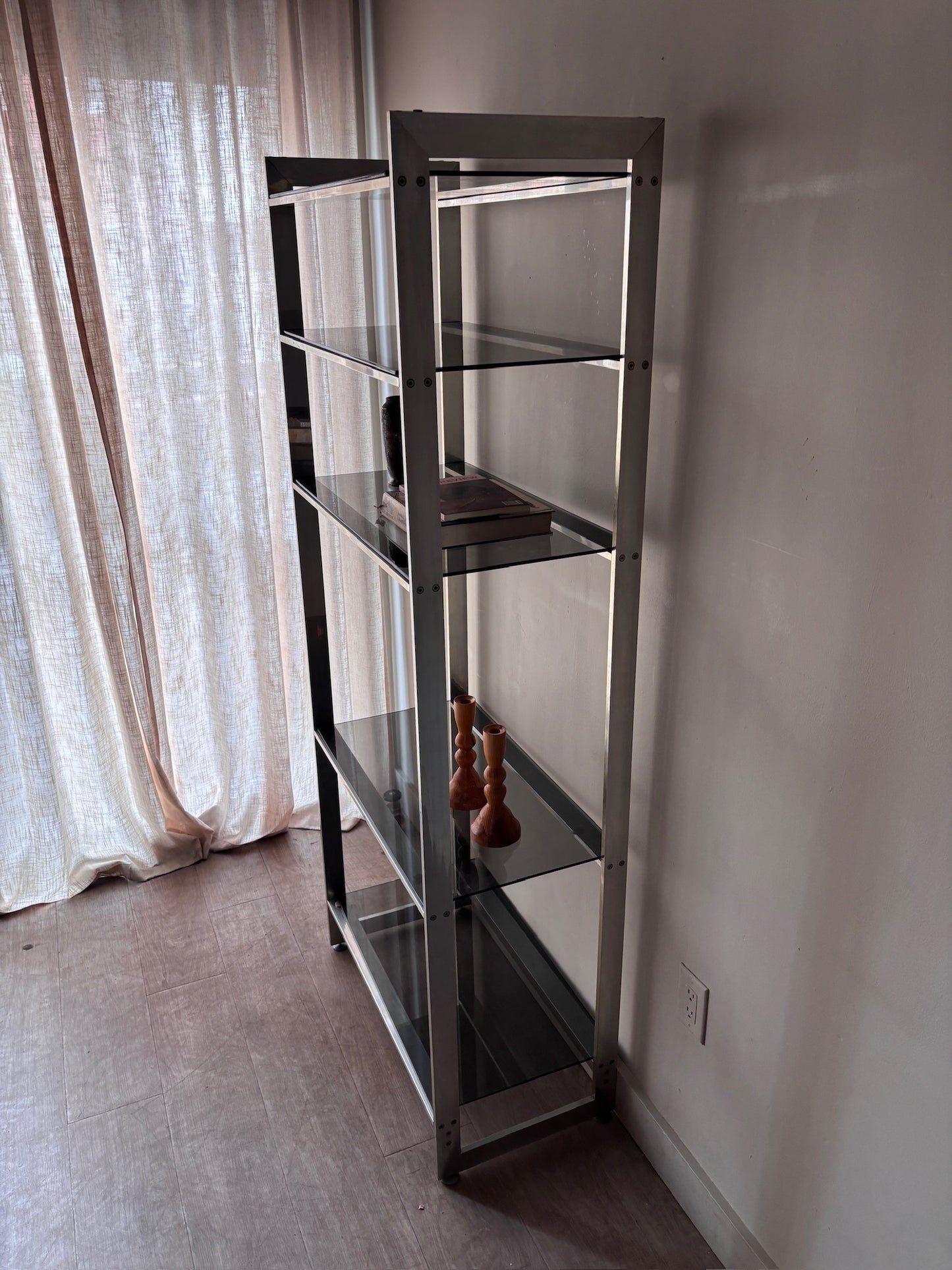 Steel and smoked glass etagere
