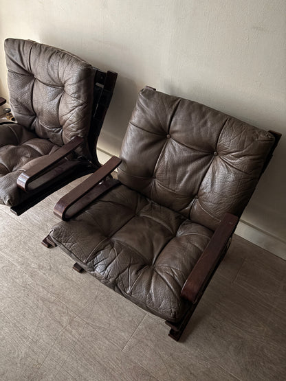 Einar Hove Norwegian brown leather lounge chairs. Sold individually.