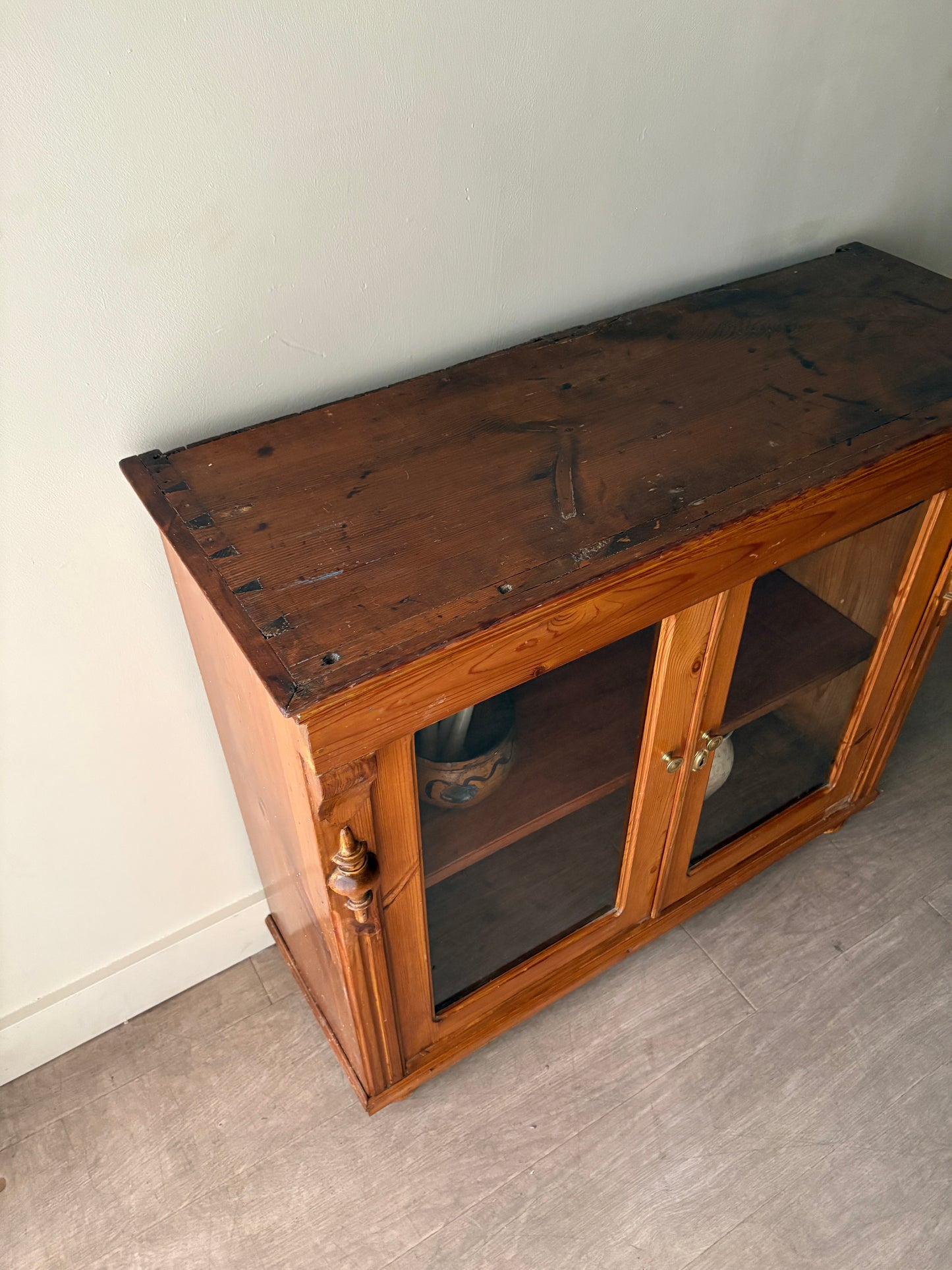 English waxed pine display cabinet