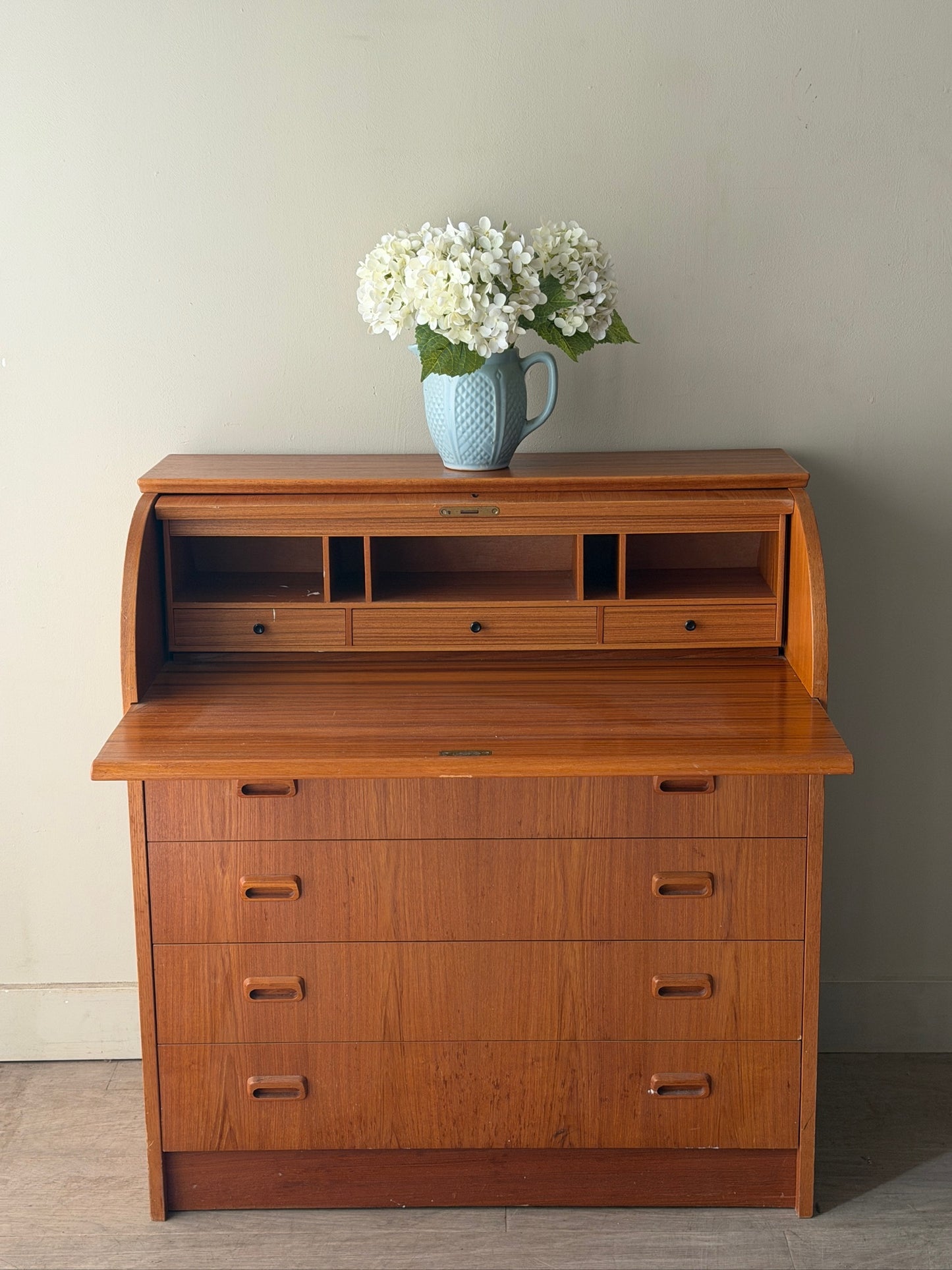 Scandinavian teak roll top secretary dresser