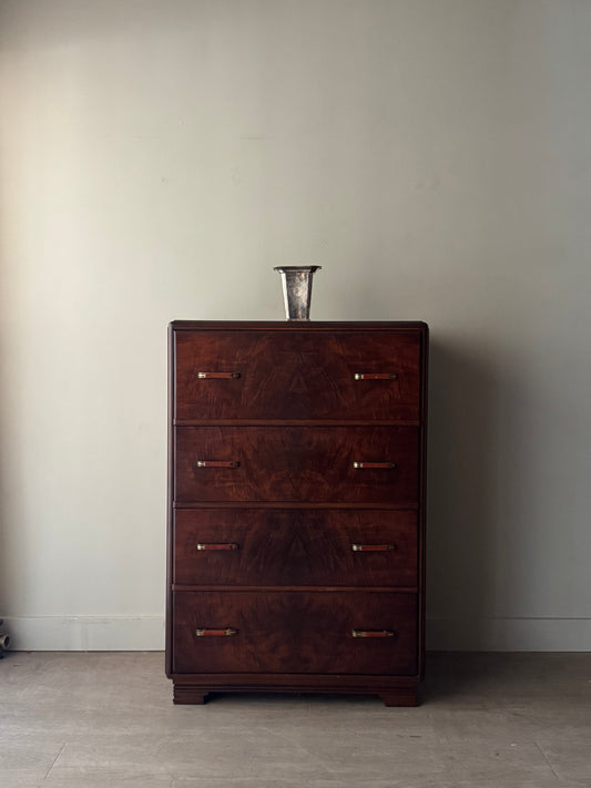 Deco figured walnut tallboy dresser