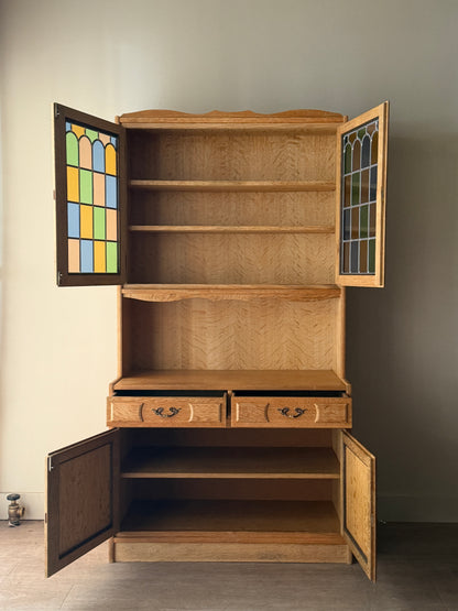 Danish oak & stained glass two piece hutch
