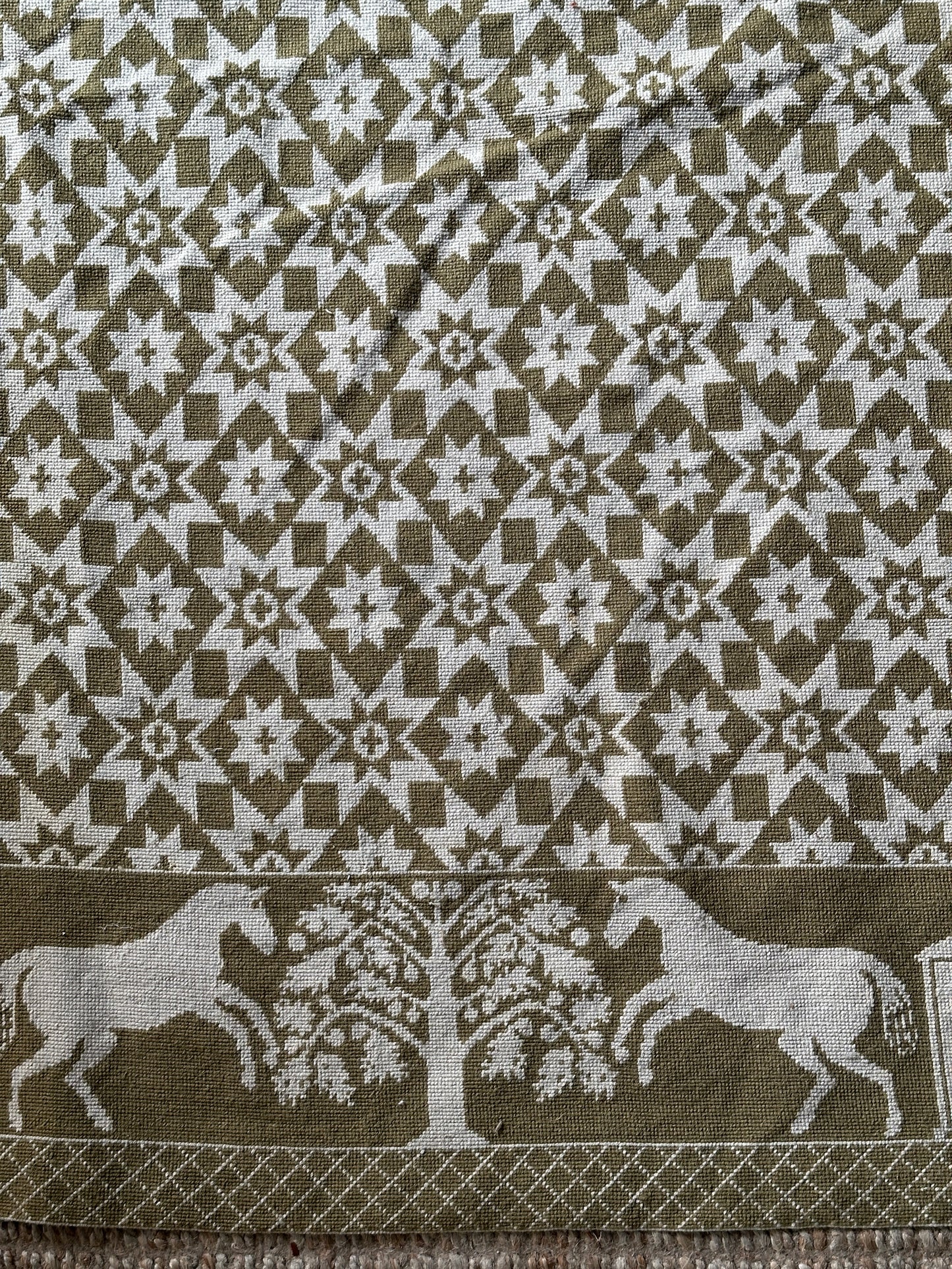 Green and cream hand woven wool coverlet/rug/tapestry
