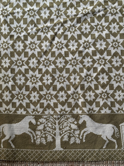Green and cream hand woven wool coverlet/rug/tapestry