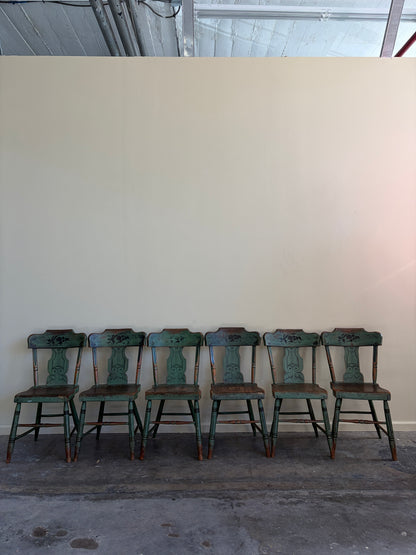 Pennsylvania Sheraton Paint-Decorated Plank Seat Chairs. Sold in pairs.