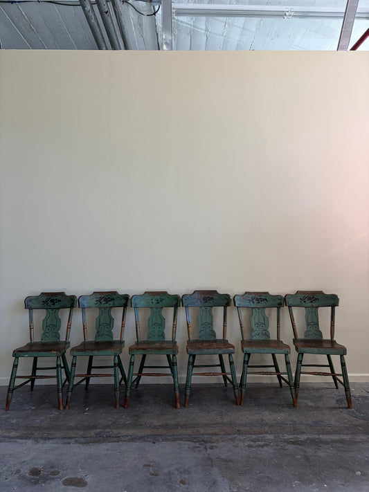 Pennsylvania Sheraton Paint-Decorated Plank Seat Chairs. Sold in pairs.
