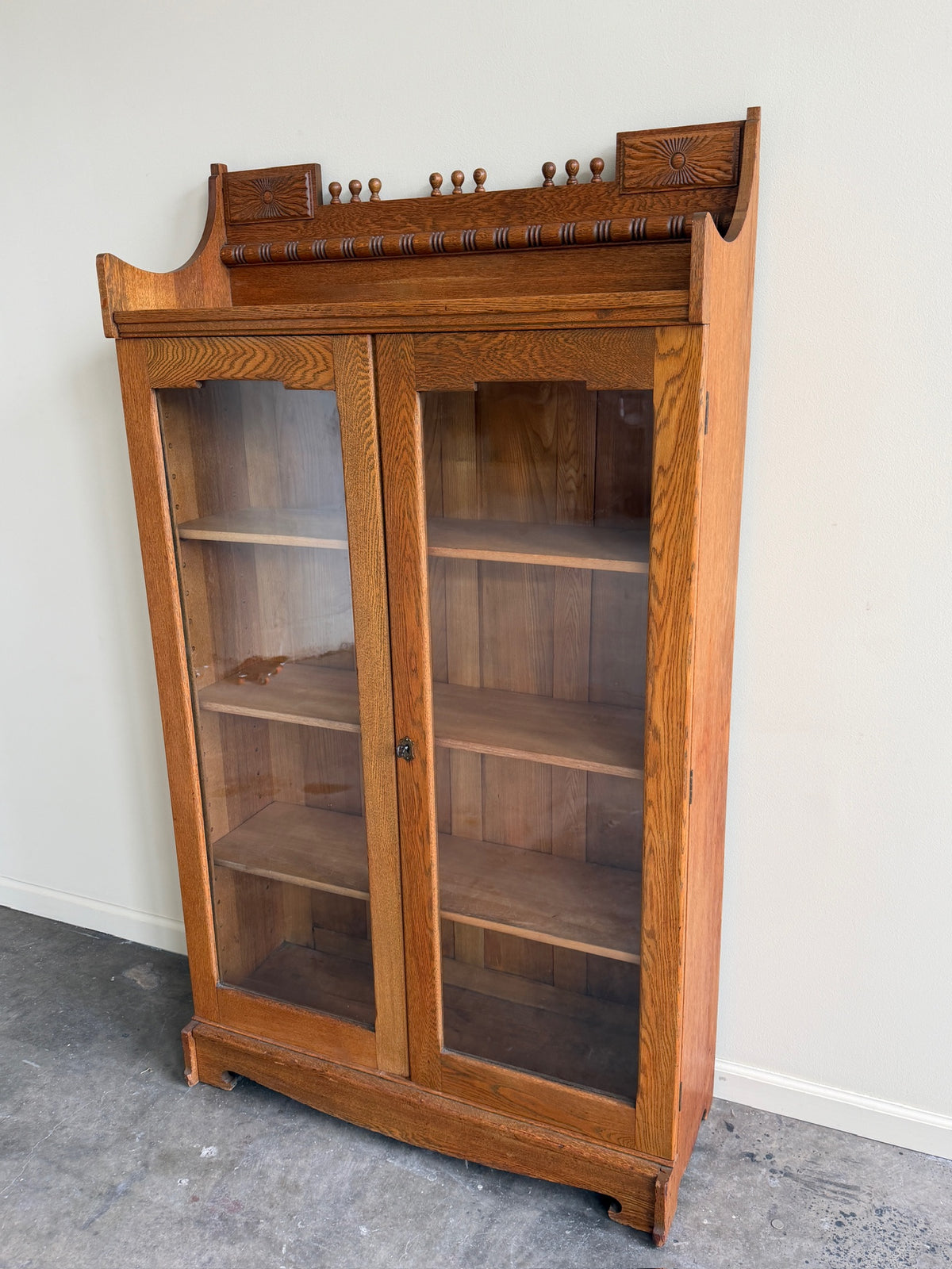 Victorian golden oak display cabinet