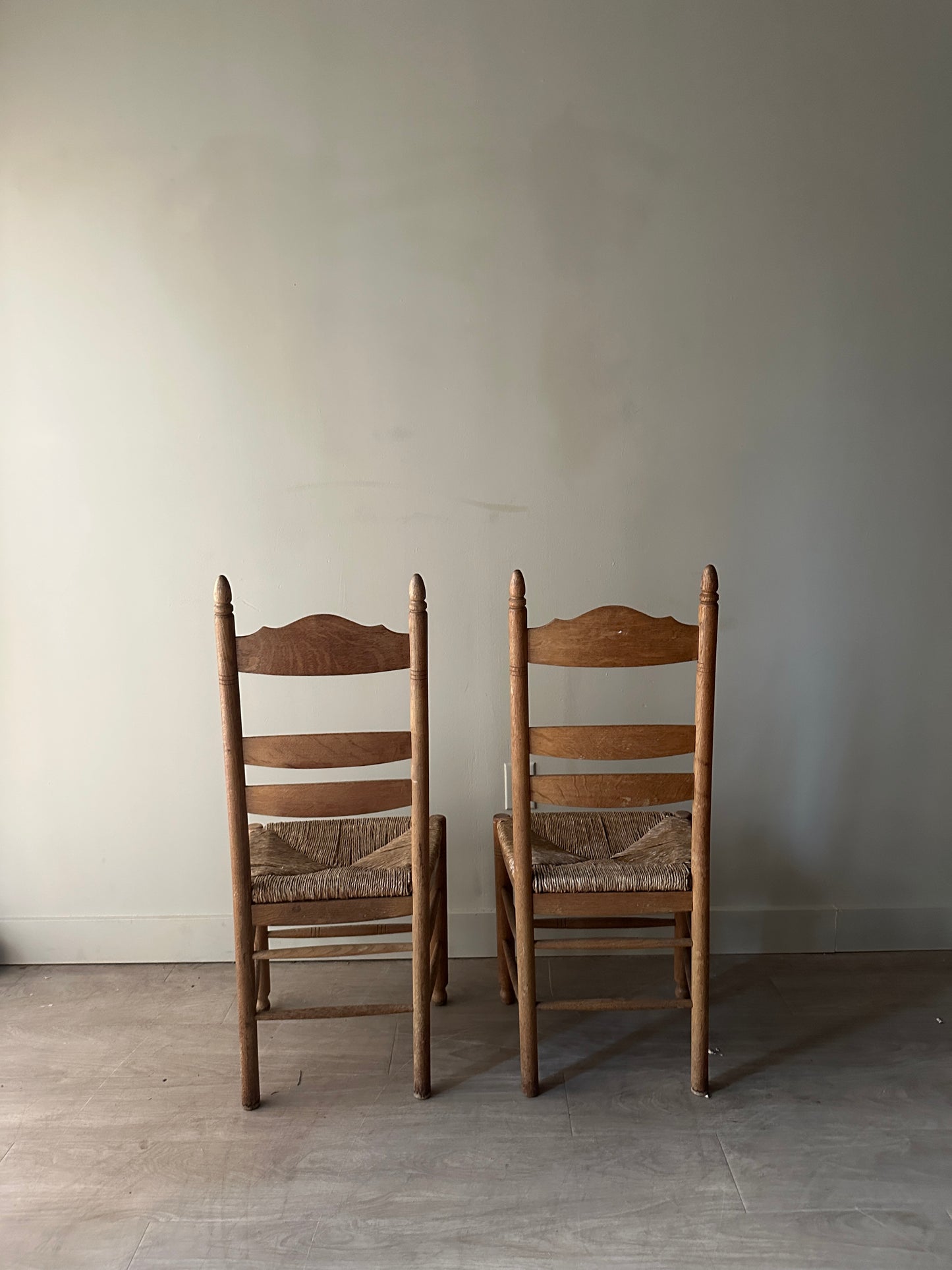 White oak rush seat dining chairs. Sets of 2.