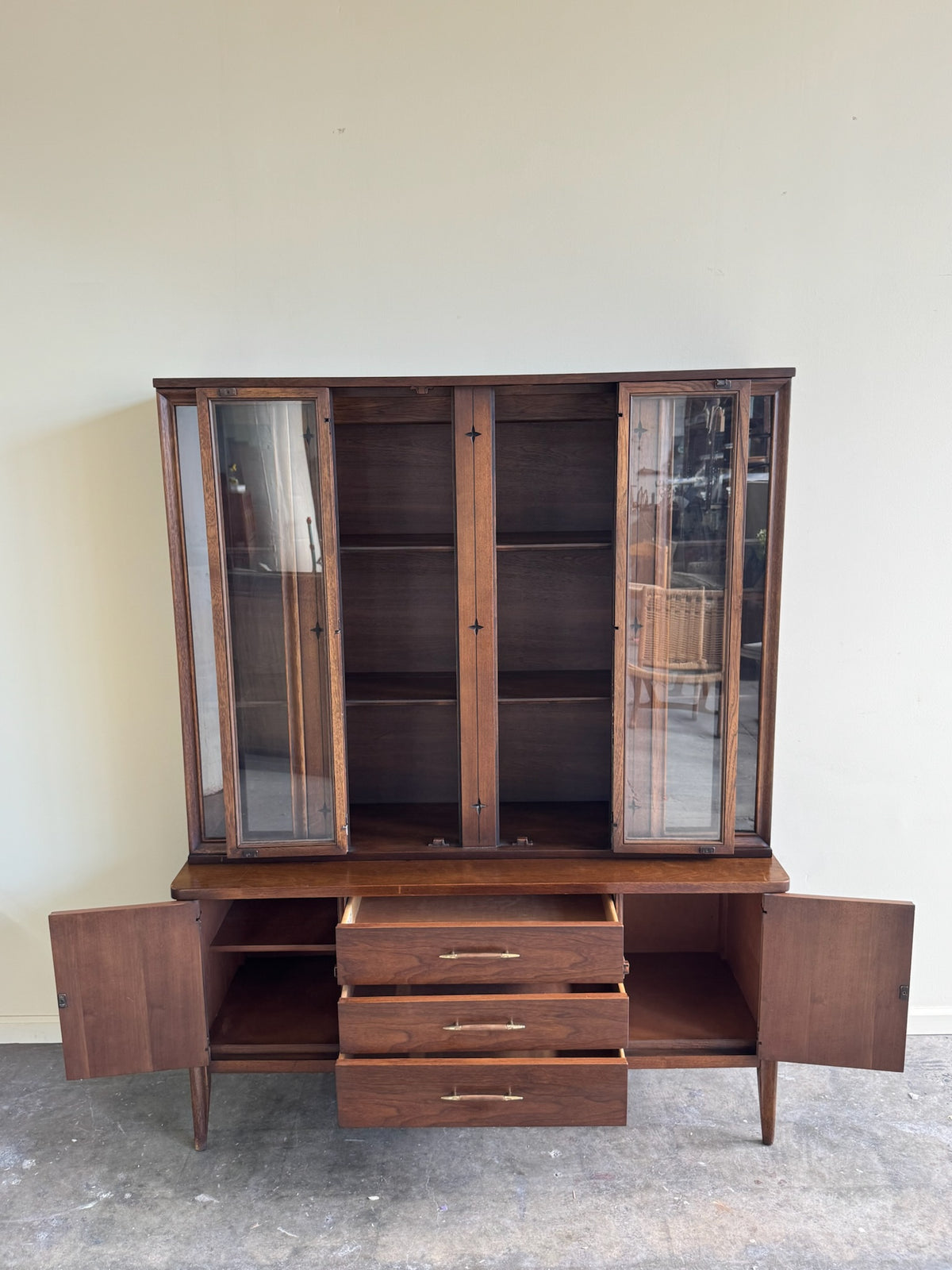 Broyhill walnut two piece hutch