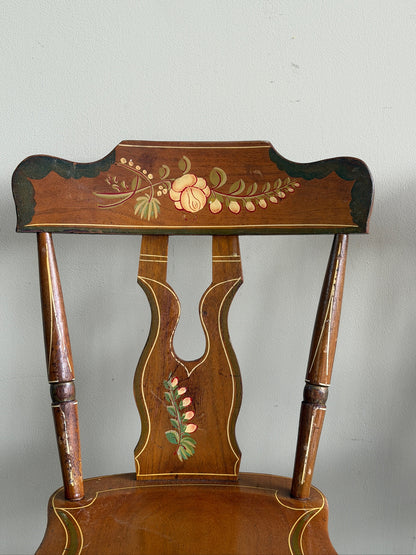 Pennsylvania painted pine plank seat dining chairs. Sold in pairs.