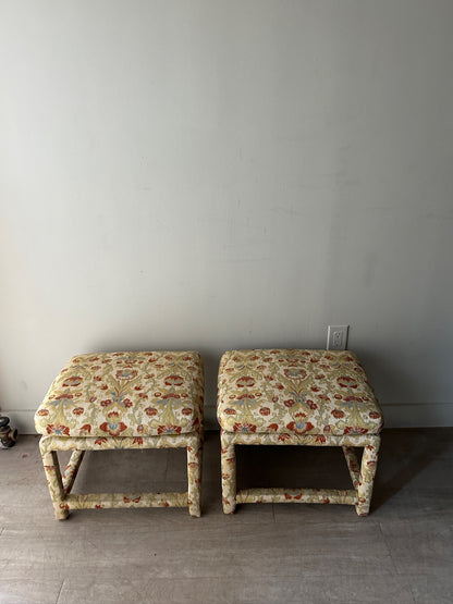 2 Milo Baughman floral upholstered stools or ottomans. Sold individually.