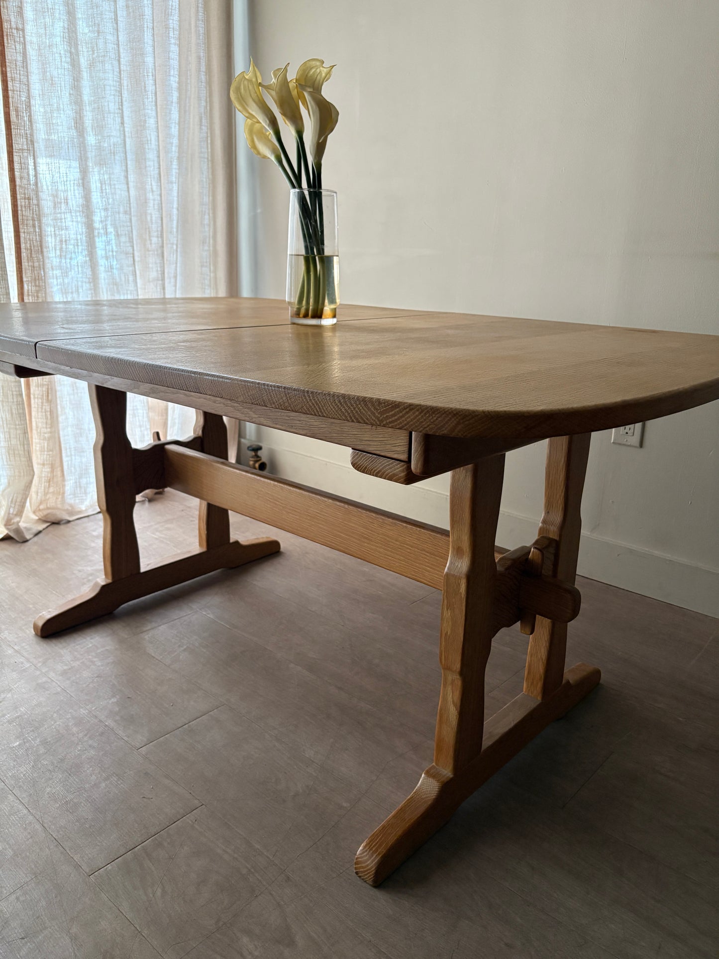Danish oak trestle dining table with extensions