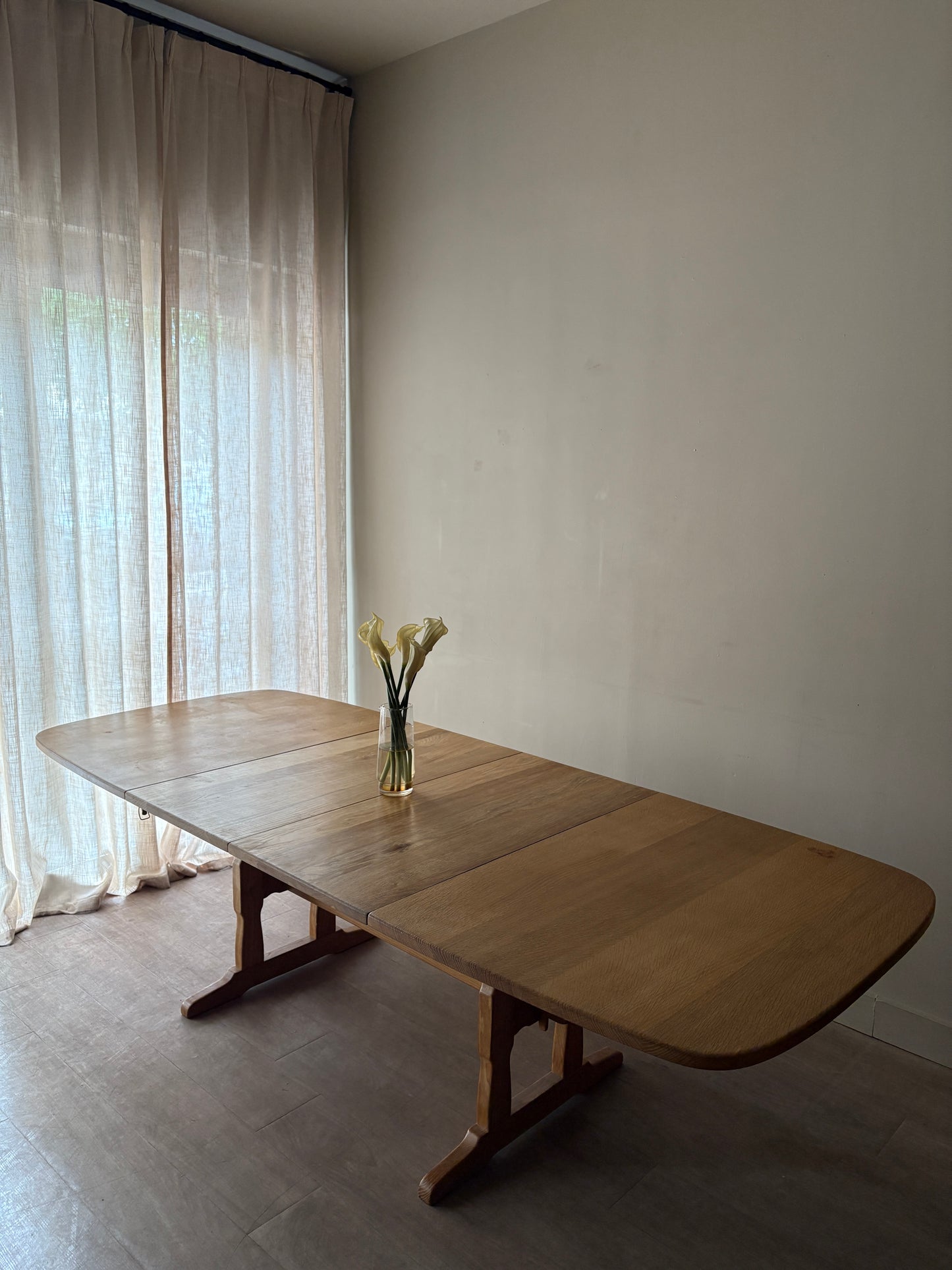Danish oak trestle dining table with extensions