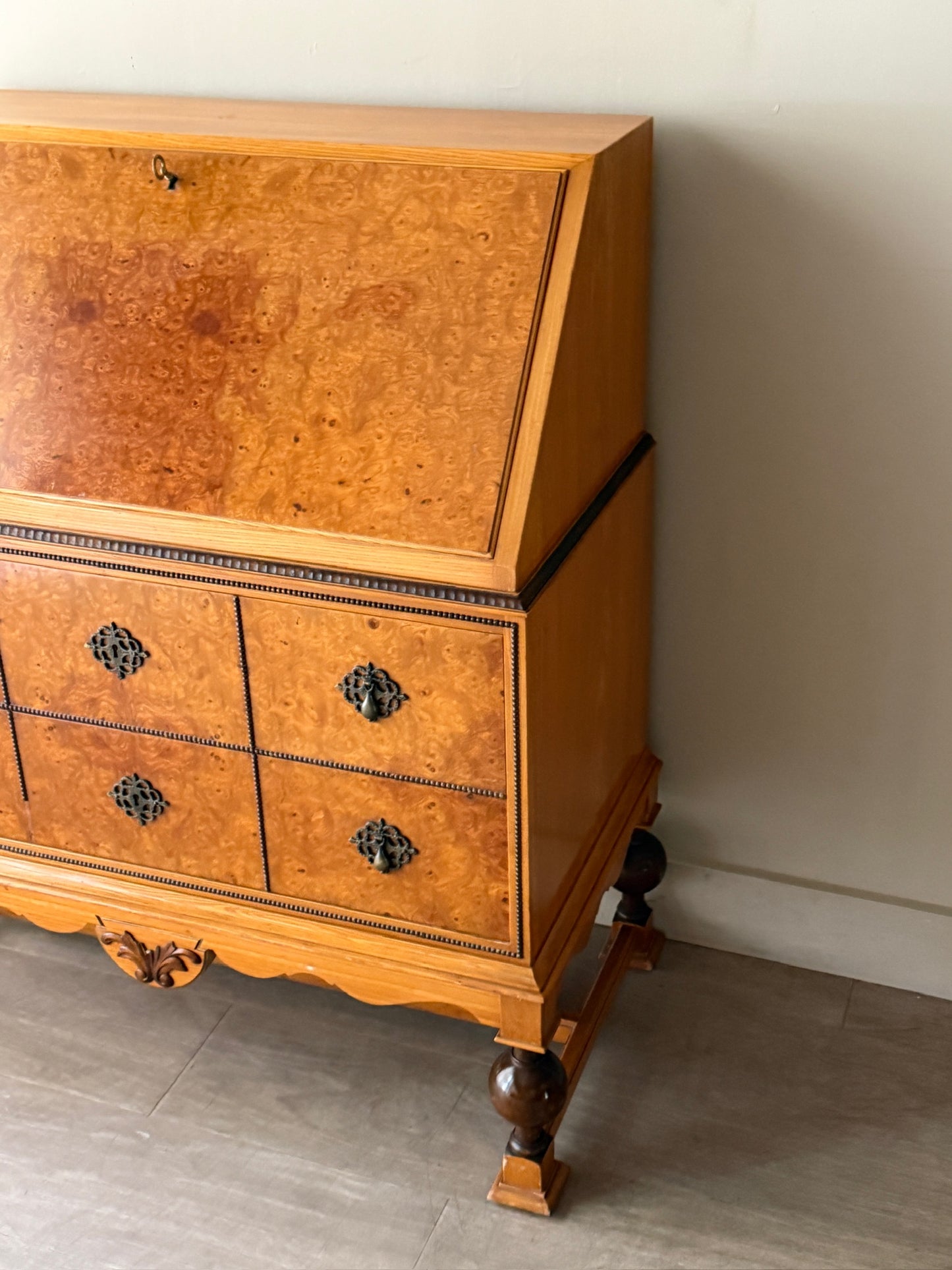 Swedish burl walnut secretary dresser