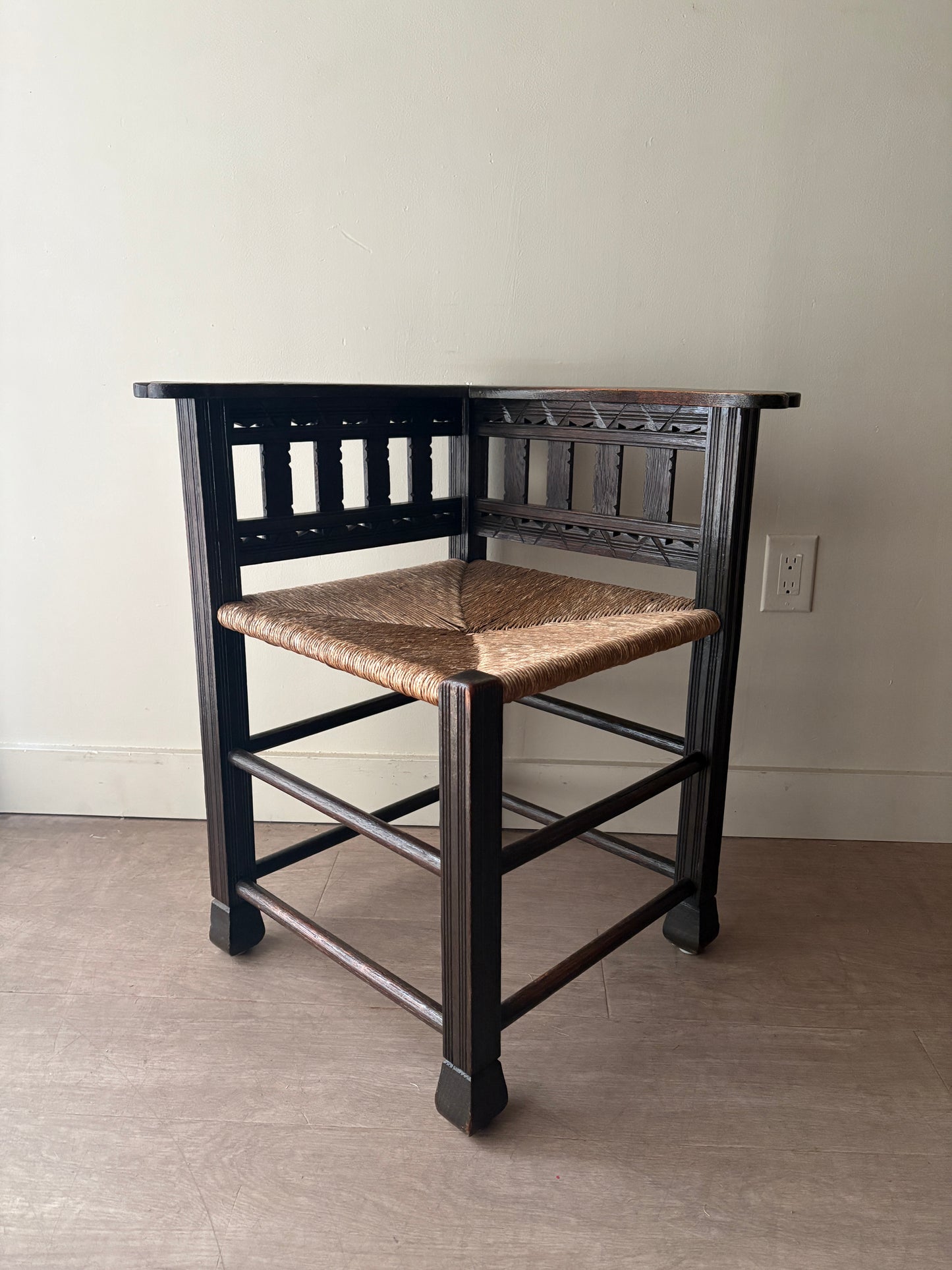 Dutch oak rush seat corner chair