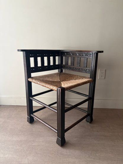 Dutch oak rush seat corner chair