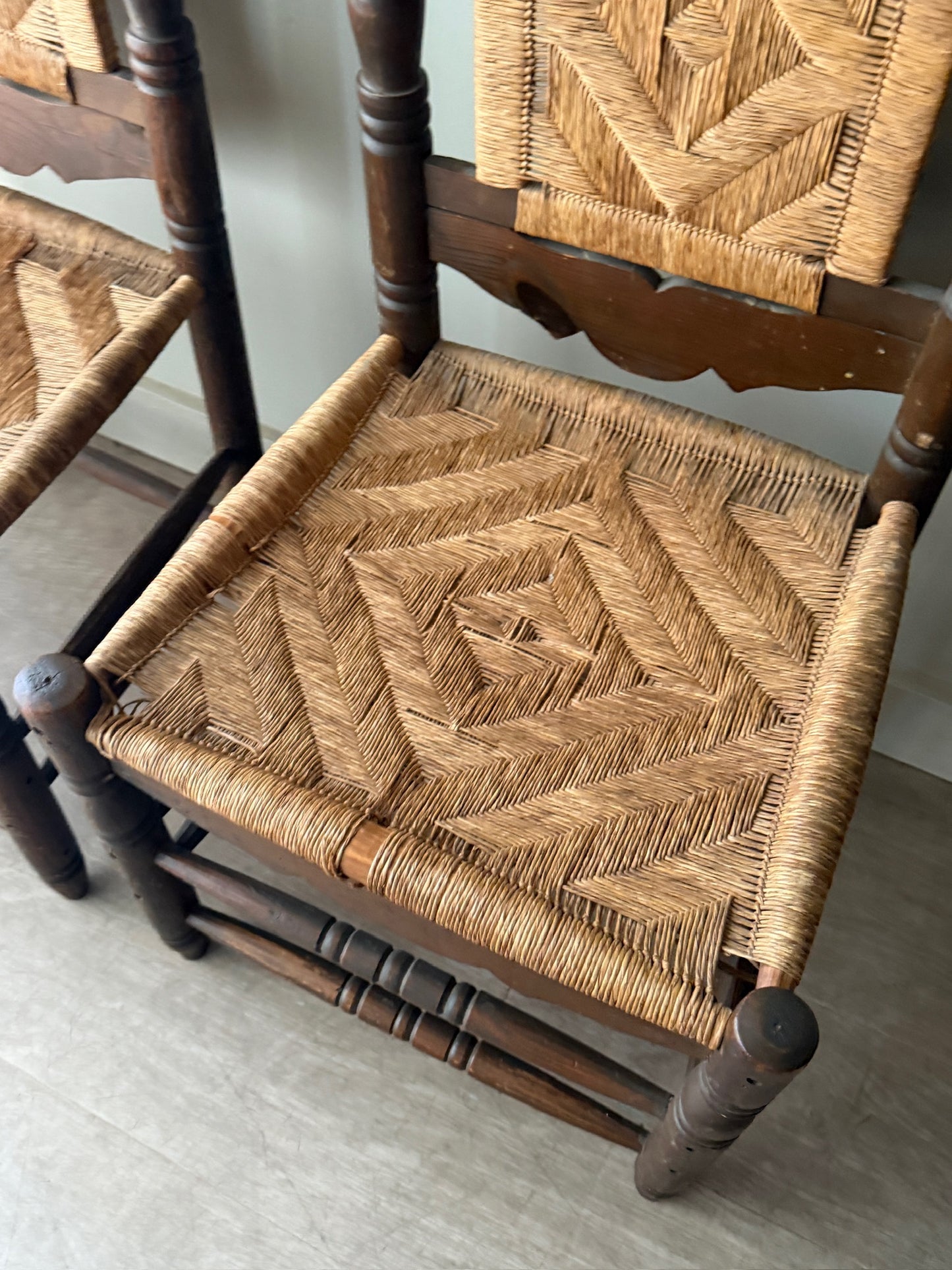 Pine and rush hall chairs (right)