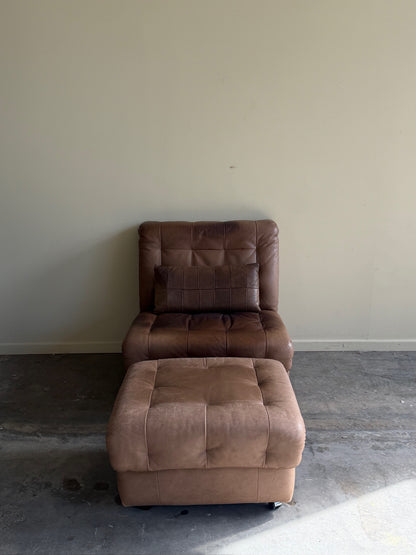 Swiss brown leather lounge chair with ottoman