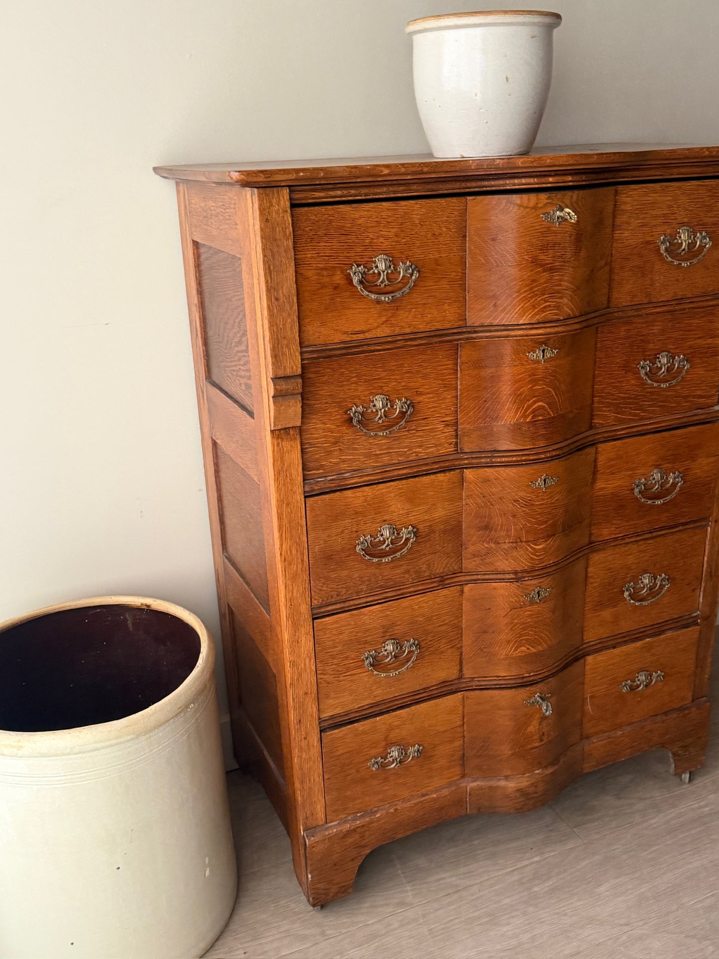 Oak serpentine tallboy dresser