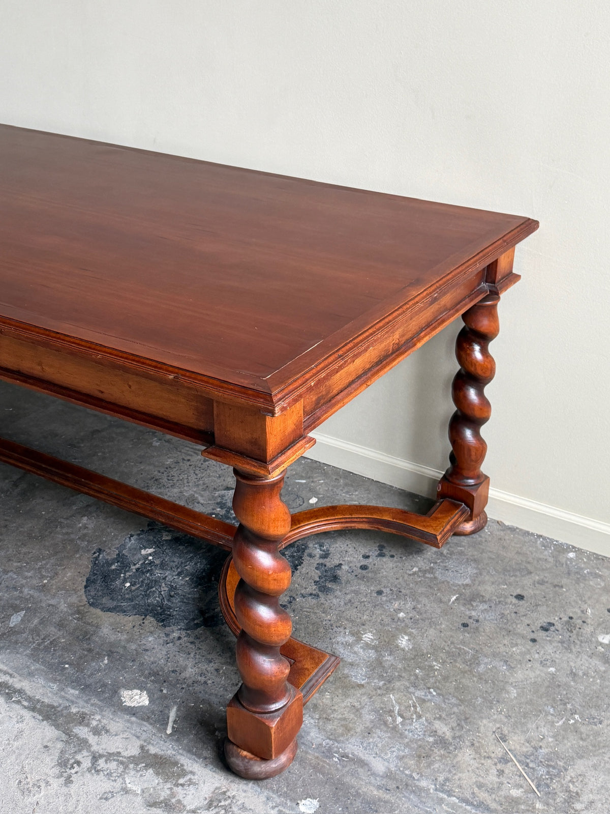 Walnut barley twist stretcher base refectory table