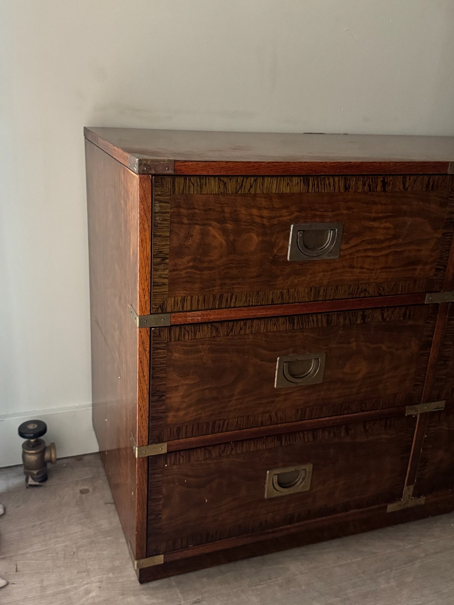Drexel campaign 9 drawer walnut dresser