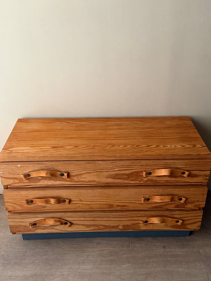Small Swedish pine chest of drawers with leather pulls