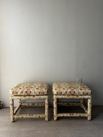 2 Milo Baughman floral upholstered stools or ottomans. Sold individually.